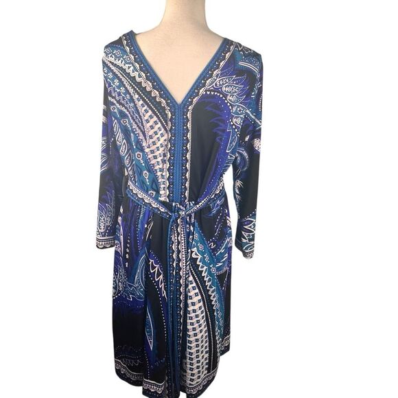 New ECI Blue Black Dress XXL Stretch V Neck Tie Back Office Date Night Church - Picture 2 of 11